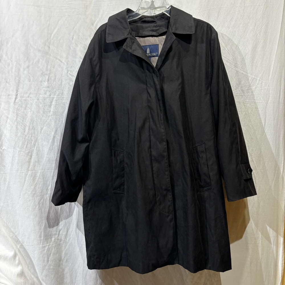 London Fog Trench Raincoat Women’s 14 PET Black W/Removable Hood Zip Out Liner